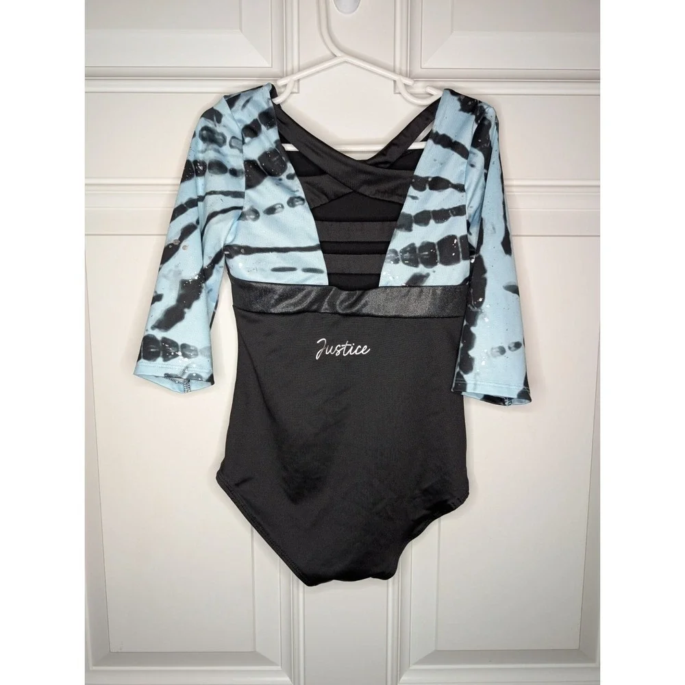 Justice Girls Leotard Size S (7/8) Radial Dye Blue Black Elbow Length Sleeve